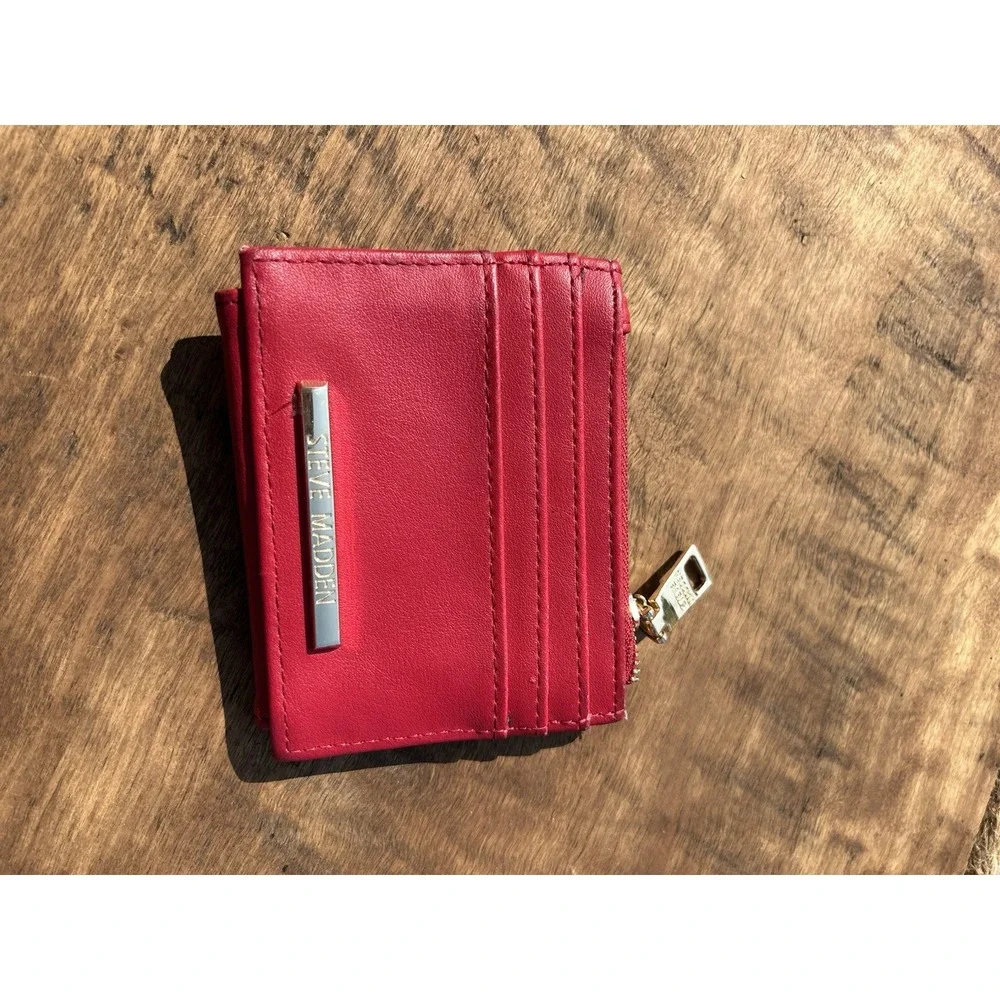 Steve Madden Red RFID Mini Wallet Card Holder Zip Coin Pocket ID Window